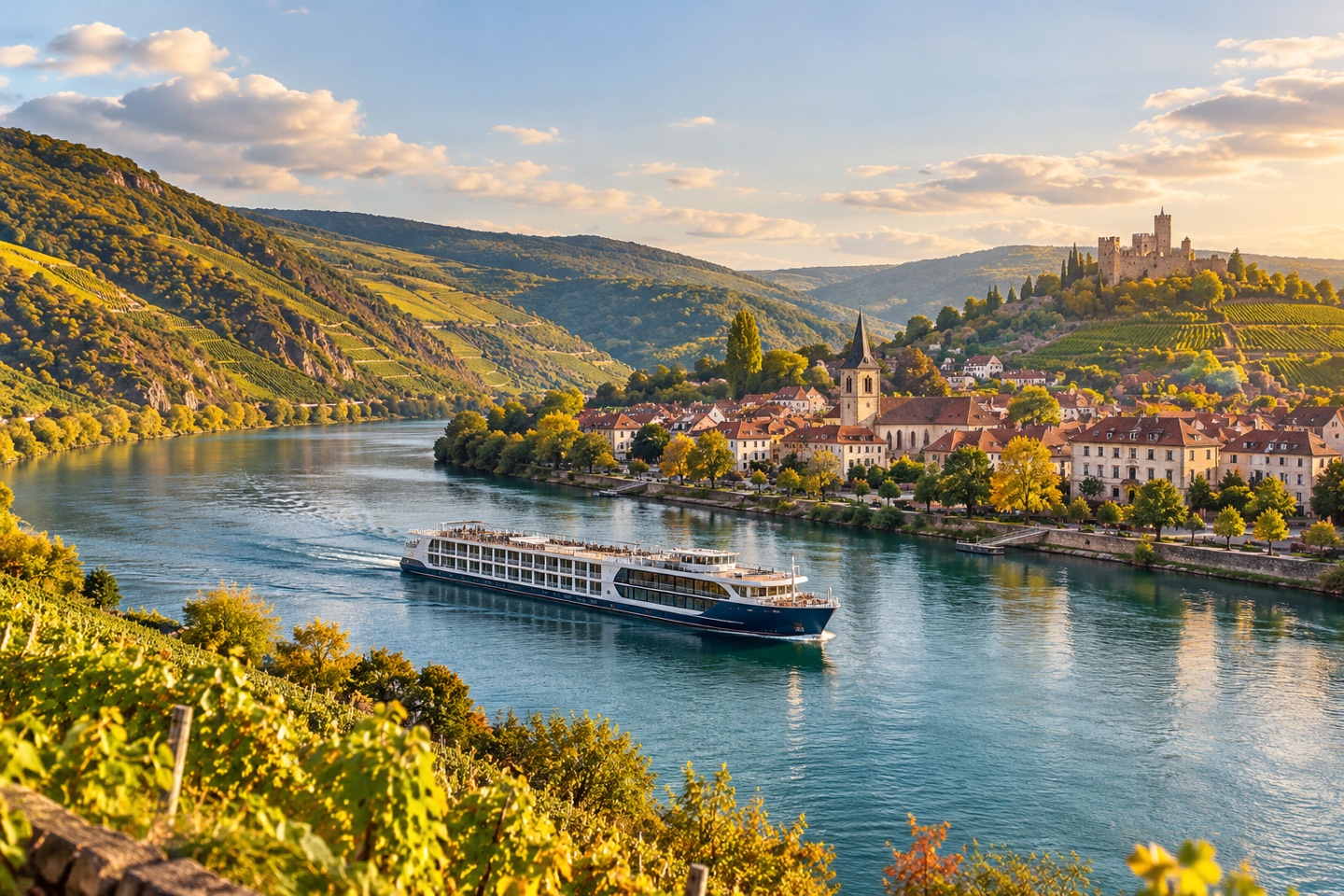 River cruise passing a European riverside village and vineyard hills